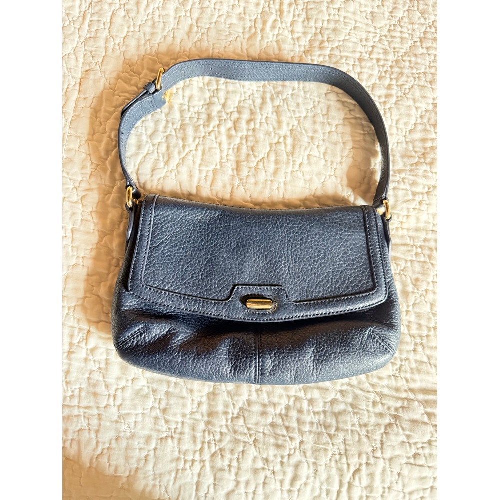 Brooks Brothers Navy Blue Pebbled Leather Flap Shoulder Bag Gold Hardware
